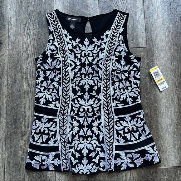 INC International NWT Black Embroidered Peplum Tank Blouse Medium Moody Blues - Picture 6 of 9
